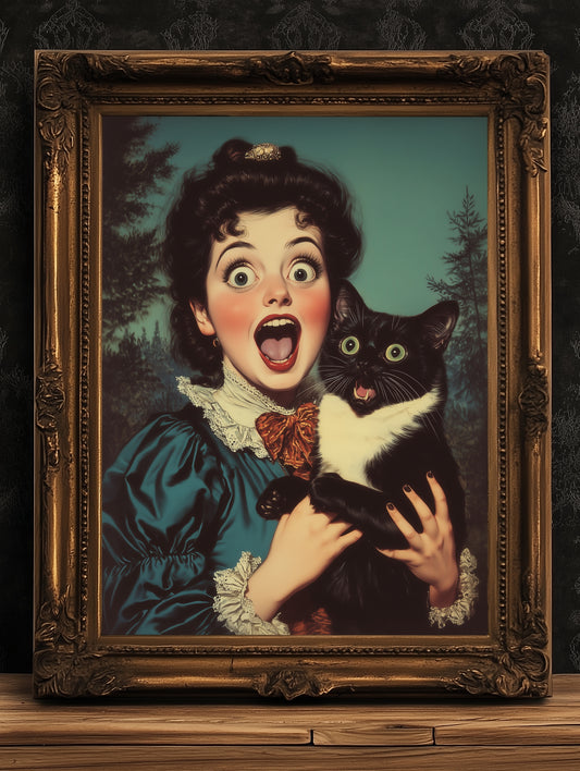 Surprised Woman And Cat, Vintage Humor Altered Painting, Funny Bathroom Toilet Wall Poster Weird Classic Art Gift Shocked Digital Cat Print