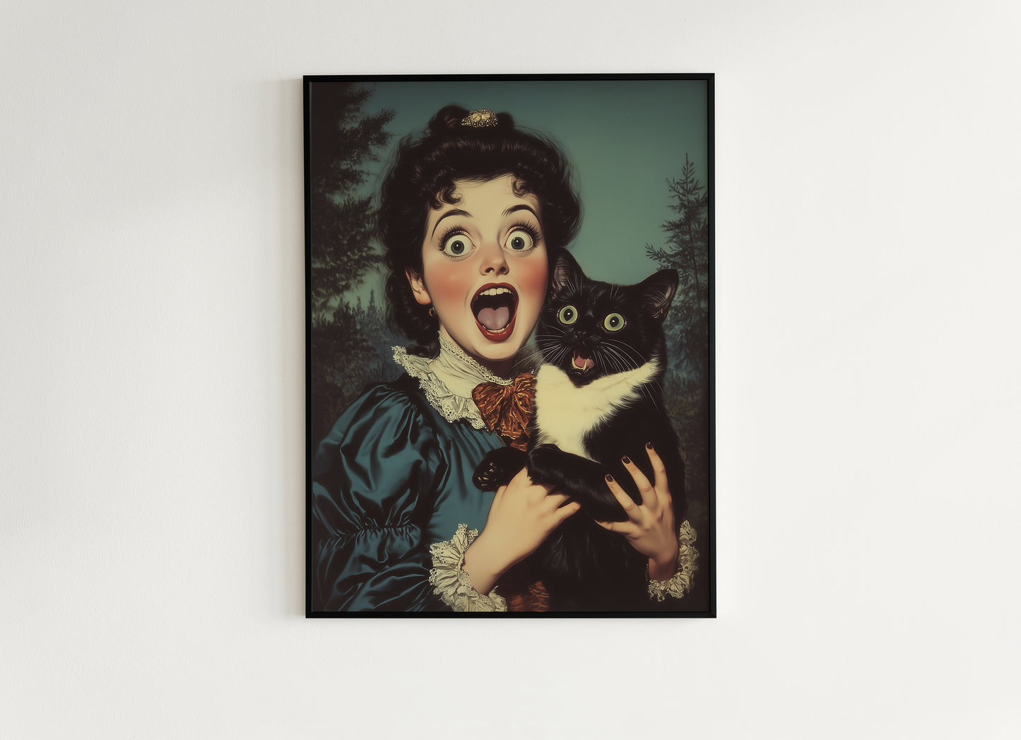Surprised Woman And Cat, Vintage Humor Altered Painting, Funny Bathroom Toilet Wall Poster Weird Classic Art Gift Shocked Digital Cat Print