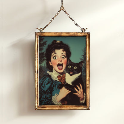 Surprised Woman And Cat, Vintage Humor Altered Painting, Funny Bathroom Toilet Wall Poster Weird Classic Art Gift Shocked Digital Cat Print