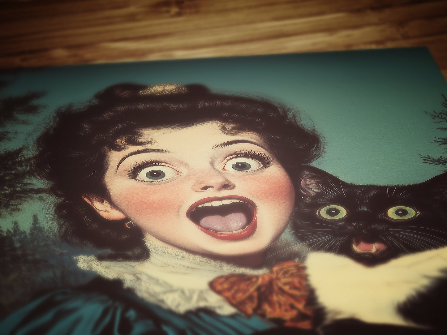 Surprised Woman And Cat, Vintage Humor Altered Painting, Funny Bathroom Toilet Wall Poster Weird Classic Art Gift Shocked Digital Cat Print