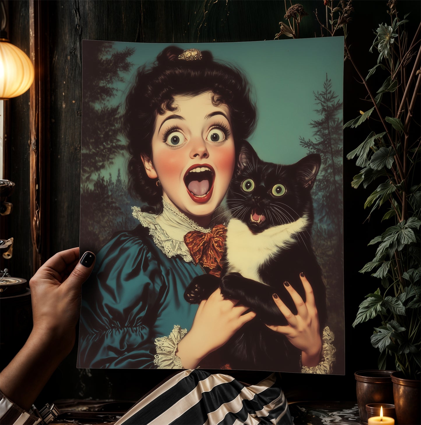 Surprised Woman And Cat, Vintage Humor Altered Painting, Funny Bathroom Toilet Wall Poster Weird Classic Art Gift Shocked Digital Cat Print