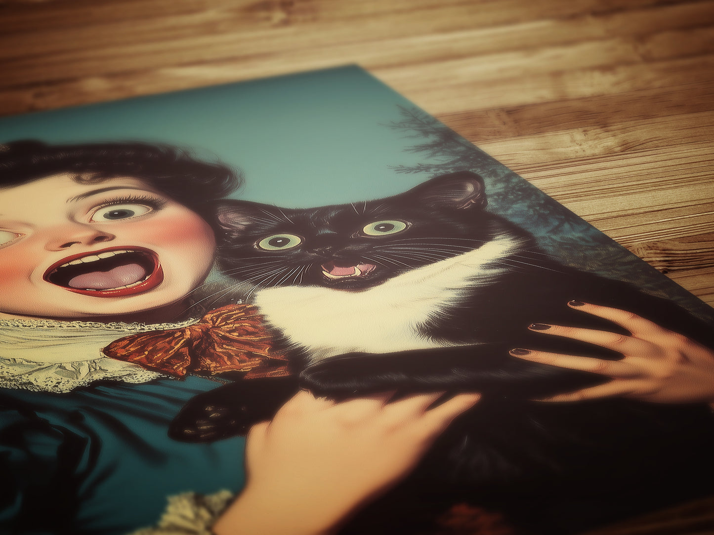 Surprised Woman And Cat, Vintage Humor Altered Painting, Funny Bathroom Toilet Wall Poster Weird Classic Art Gift Shocked Digital Cat Print