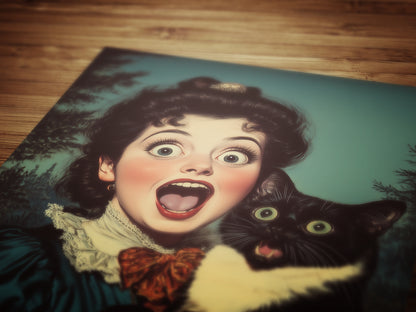 Surprised Woman And Cat, Vintage Humor Altered Painting, Funny Bathroom Toilet Wall Poster Weird Classic Art Gift Shocked Digital Cat Print