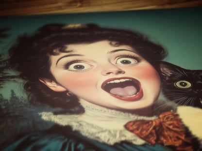 Surprised Woman And Cat, Vintage Humor Altered Painting, Funny Bathroom Toilet Wall Poster Weird Classic Art Gift Shocked Digital Cat Print