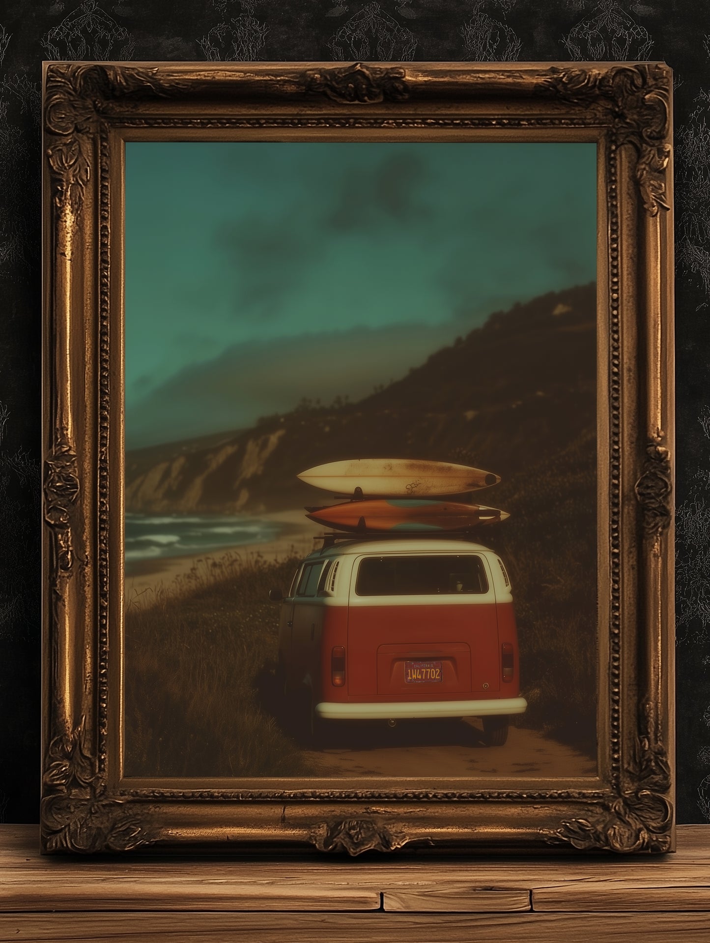 Camper Van Surfboard Wall Art, Surfboard Beach Ocean, Beachy Wall Art, Moody Modern Art Coastal Room Decor, Surf Wall Art, Surfing Print