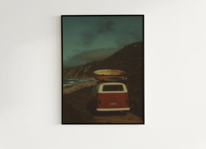 Camper Van Surfboard Wall Art, Surfboard Beach Ocean, Beachy Wall Art, Moody Modern Art Coastal Room Decor, Surf Wall Art, Surfing Print