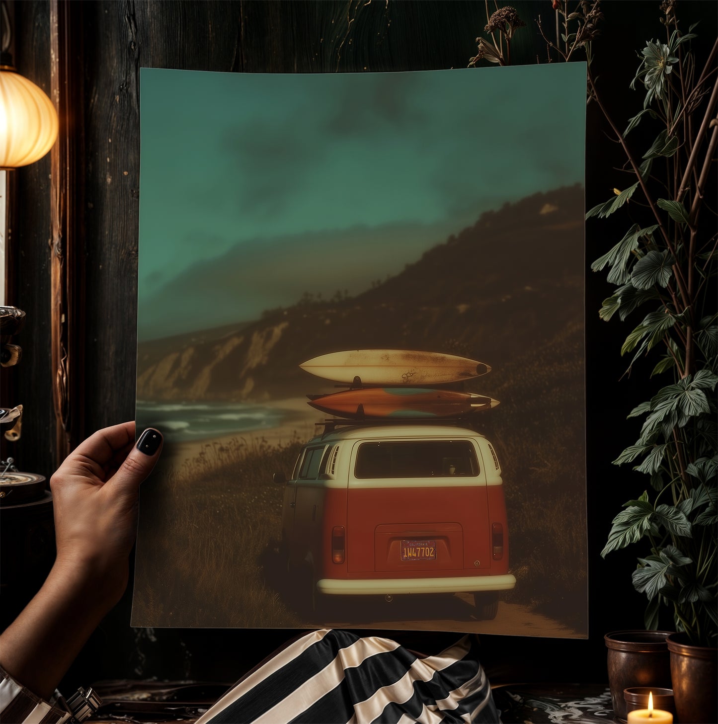 Camper Van Surfboard Wall Art, Surfboard Beach Ocean, Beachy Wall Art, Moody Modern Art Coastal Room Decor, Surf Wall Art, Surfing Print