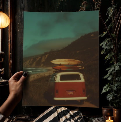 Camper Van Surfboard Wall Art, Surfboard Beach Ocean, Beachy Wall Art, Moody Modern Art Coastal Room Decor, Surf Wall Art, Surfing Print