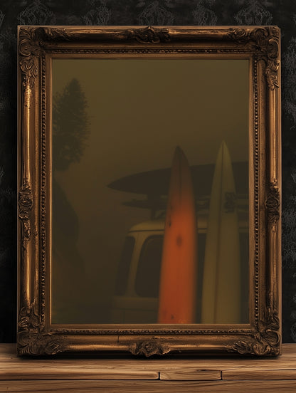 Moody Camper Van Surfboard Wall Art, Beach Ocean Poster, Beachy Wall Art, Moody Modern Art Coastal Room Decor, Surf Wall Art, Surfing Print