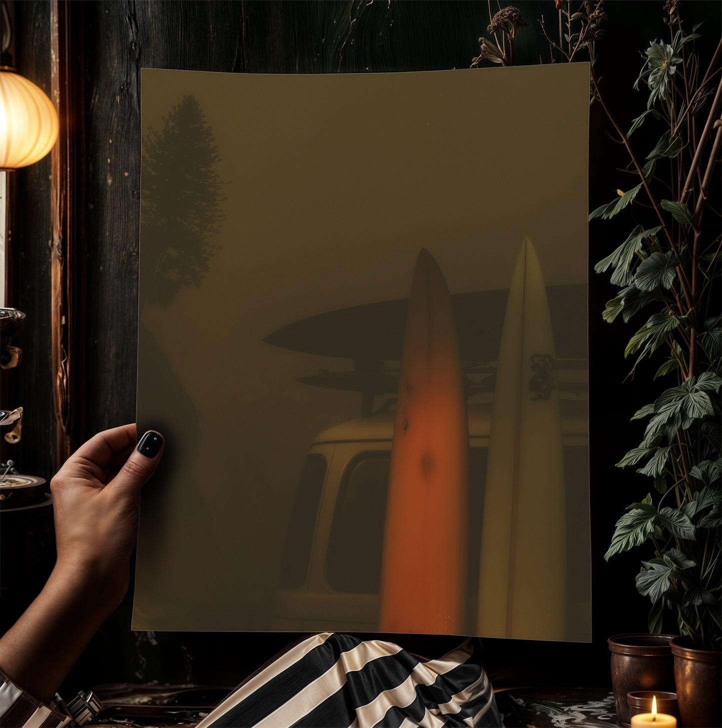 Moody Camper Van Surfboard Wall Art, Beach Ocean Poster, Beachy Wall Art, Moody Modern Art Coastal Room Decor, Surf Wall Art, Surfing Print