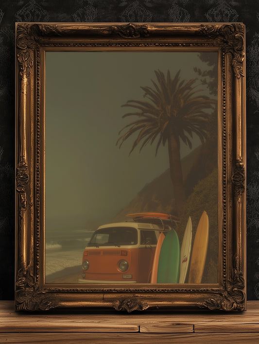 Moody Camper Van Surfboard Wall Art, Beach Ocean Poster, Beachy Wall Art, Moody Modern Art Coastal Room Decor, Surfing Wall Art Print