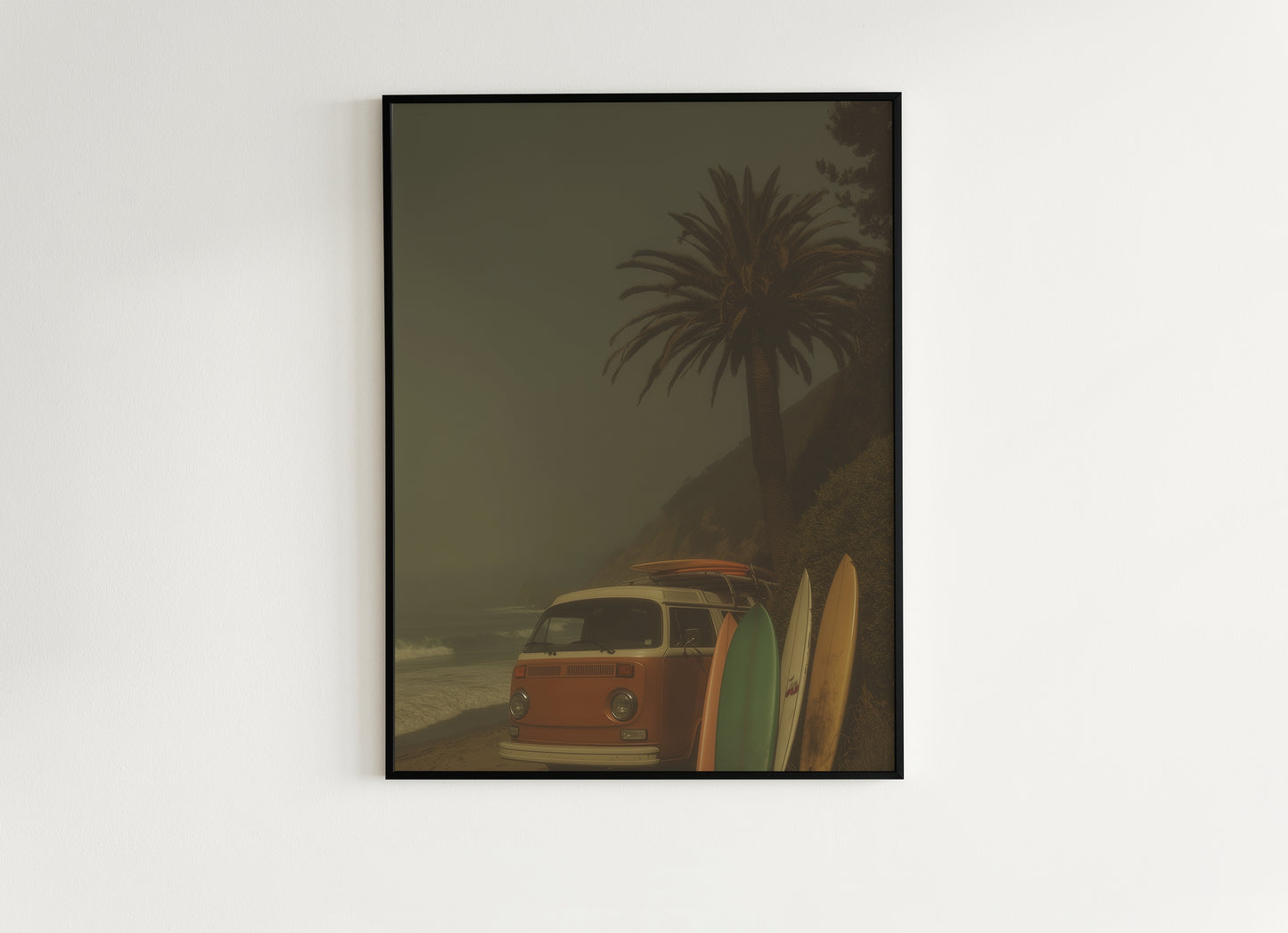 Moody Camper Van Surfboard Wall Art, Beach Ocean Poster, Beachy Wall Art, Moody Modern Art Coastal Room Decor, Surfing Wall Art Print