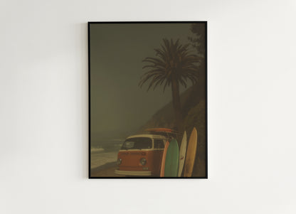 Moody Camper Van Surfboard Wall Art, Beach Ocean Poster, Beachy Wall Art, Moody Modern Art Coastal Room Decor, Surfing Wall Art Print