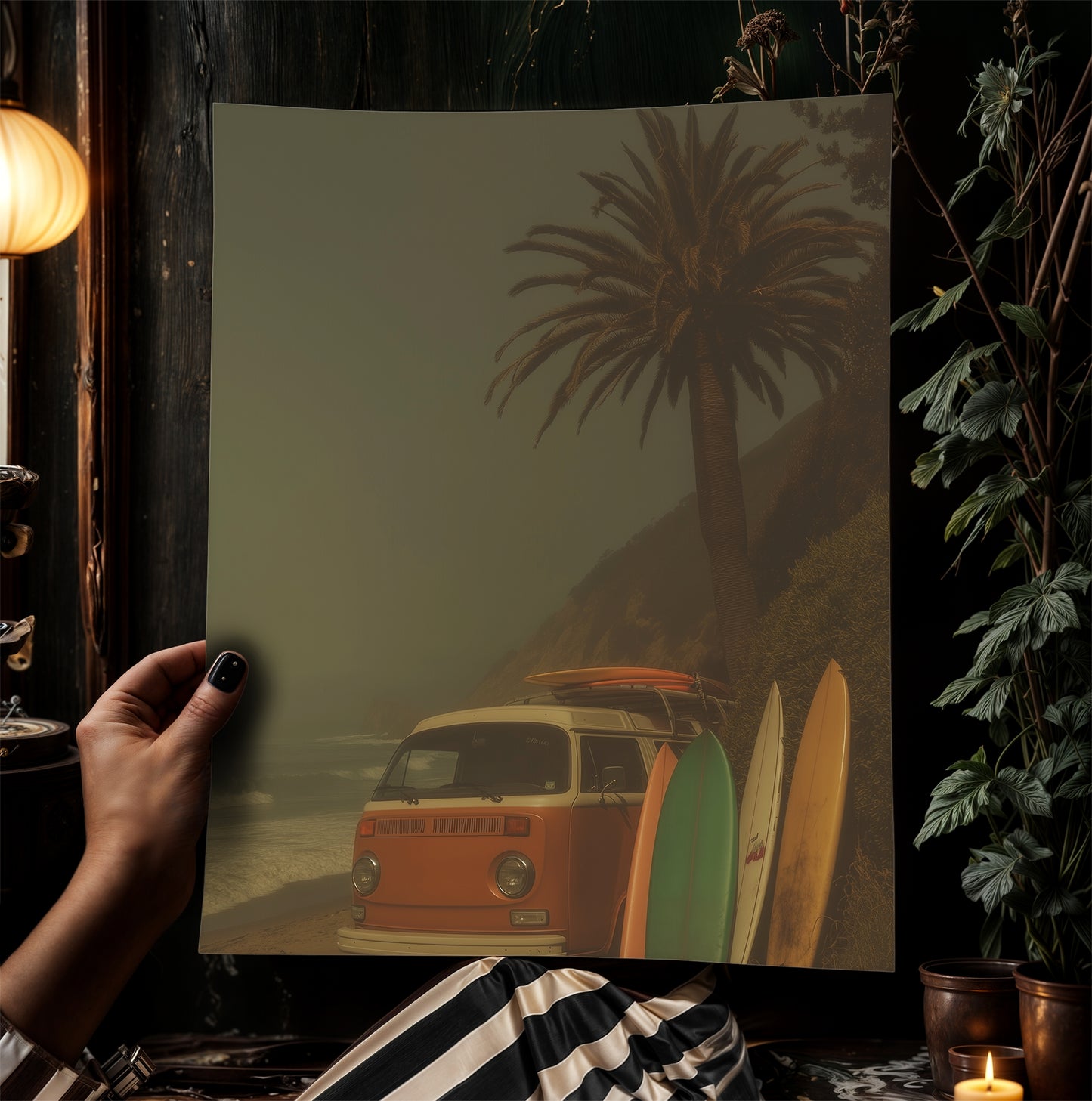 Moody Camper Van Surfboard Wall Art, Beach Ocean Poster, Beachy Wall Art, Moody Modern Art Coastal Room Decor, Surfing Wall Art Print