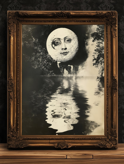 Surreal Moon Face Reflection Art Print Vintage Style Mystical Celestial Portrait, Reflection Mystic Dreamlike Wall Decor Dark Academia Decor