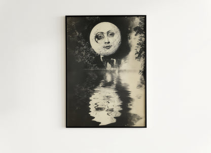 Surreal Moon Face Reflection Art Print Vintage Style Mystical Celestial Portrait, Reflection Mystic Dreamlike Wall Decor Dark Academia Decor