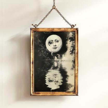 Surreal Moon Face Reflection Art Print Vintage Style Mystical Celestial Portrait, Reflection Mystic Dreamlike Wall Decor Dark Academia Decor