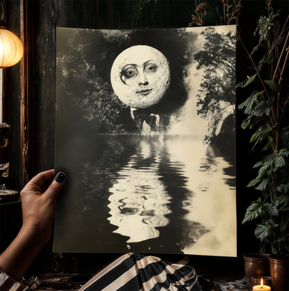 Surreal Moon Face Reflection Art Print Vintage Style Mystical Celestial Portrait, Reflection Mystic Dreamlike Wall Decor Dark Academia Decor