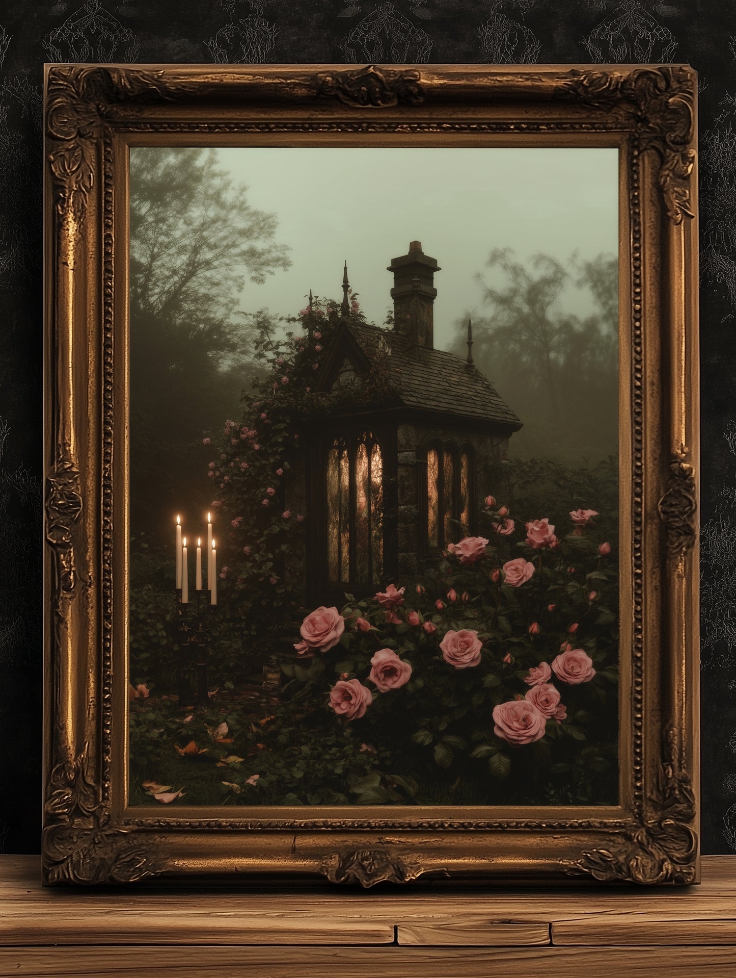 Gothic Cottagecore Rose Garden Art Print, Dark Botanical Floral Landscape, Dark Romance Whimsigoth Decor,Vintage Dark Academia Wall Decor