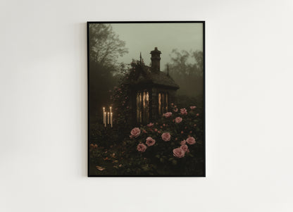 Gothic Cottagecore Rose Garden Art Print, Dark Botanical Floral Landscape, Dark Romance Whimsigoth Decor,Vintage Dark Academia Wall Decor