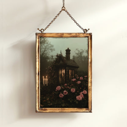 Gothic Cottagecore Rose Garden Art Print, Dark Botanical Floral Landscape, Dark Romance Whimsigoth Decor,Vintage Dark Academia Wall Decor