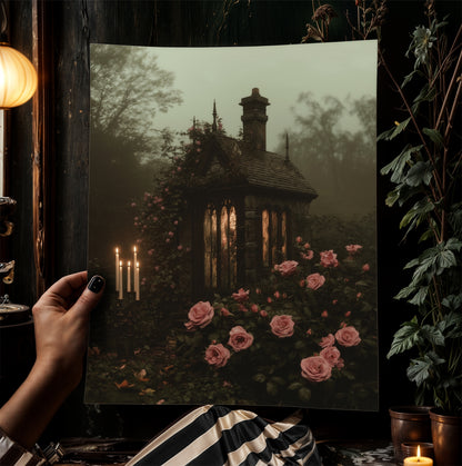 Gothic Cottagecore Rose Garden Art Print, Dark Botanical Floral Landscape, Dark Romance Whimsigoth Decor,Vintage Dark Academia Wall Decor