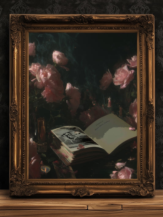 Dark Academia Witchy Open Grimoire Book Art Print, Vintage Floral Wall Decor, Roses Poster, Witchy Aesthetic, Gothic Whimsigoth Decor