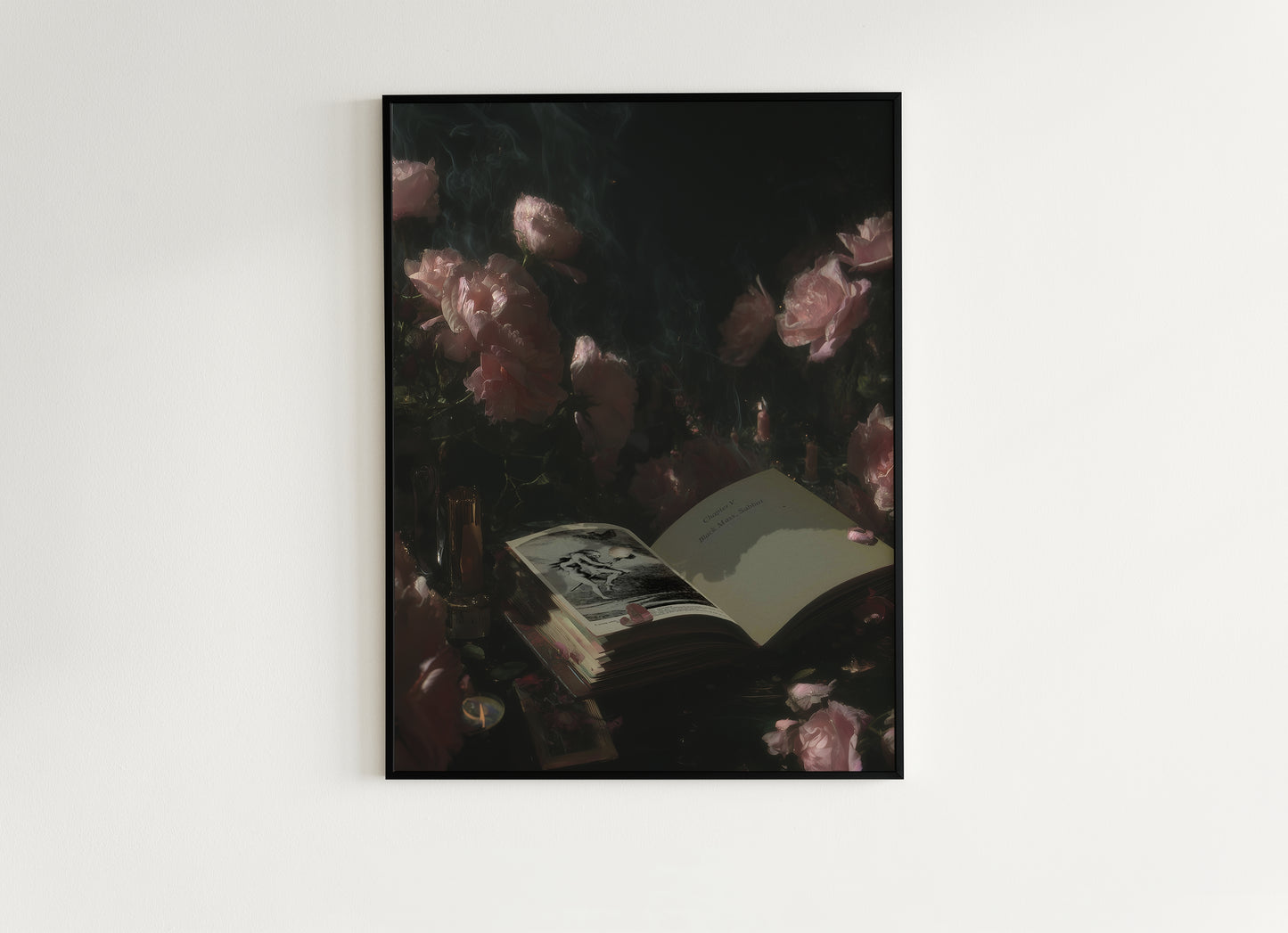 Dark Academia Witchy Open Grimoire Book Art Print, Vintage Floral Wall Decor, Roses Poster, Witchy Aesthetic, Gothic Whimsigoth Decor