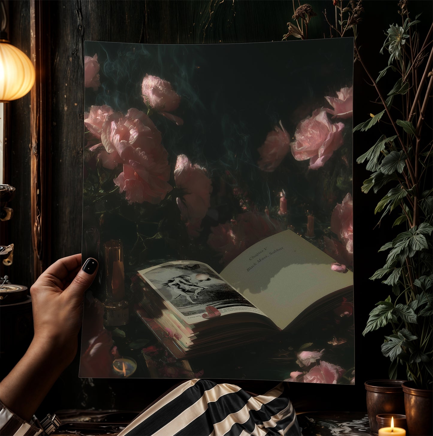 Dark Academia Witchy Open Grimoire Book Art Print, Vintage Floral Wall Decor, Roses Poster, Witchy Aesthetic, Gothic Whimsigoth Decor