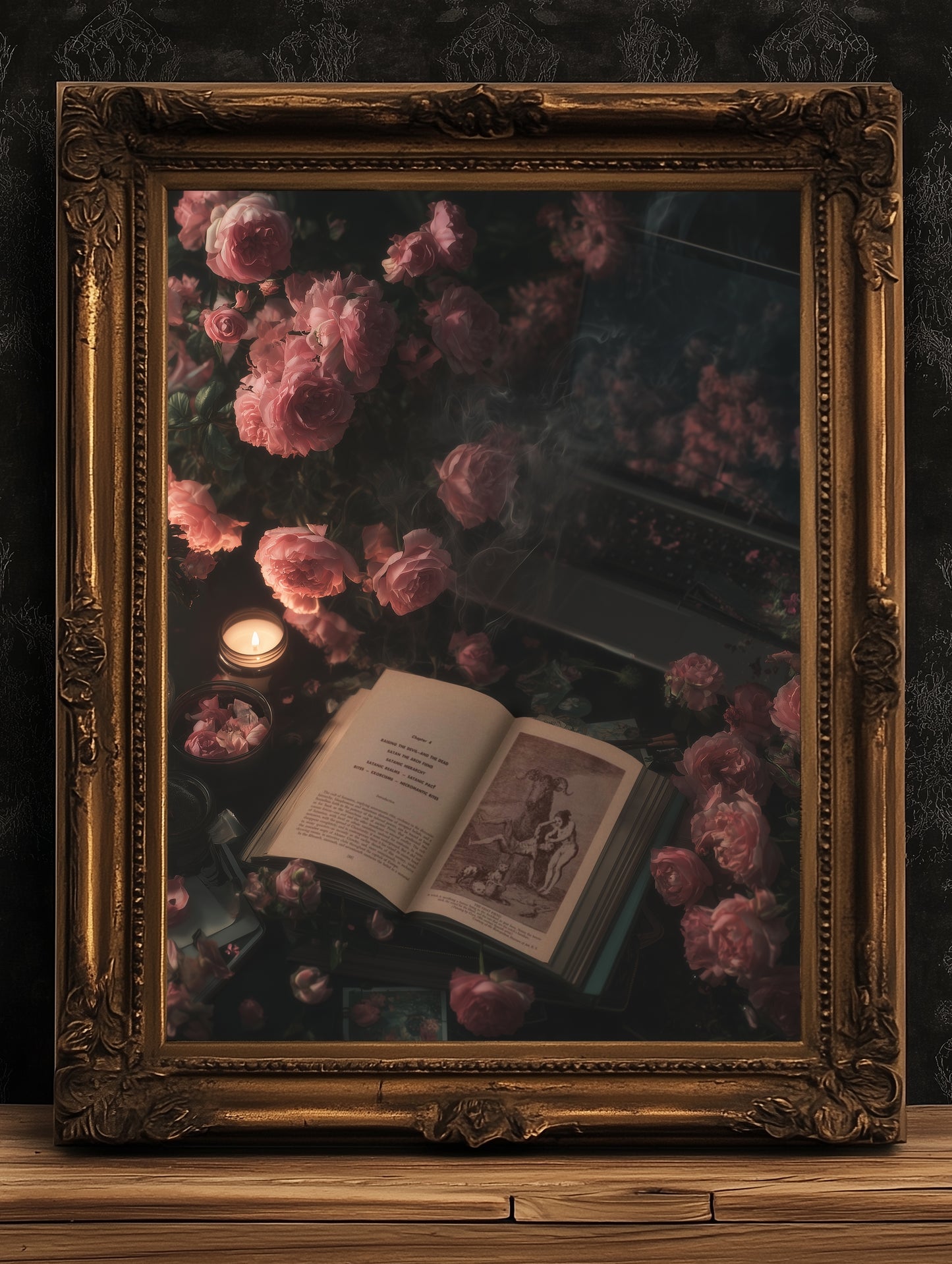 Vintage Floral Witchy Open Grimoire Art Print, Dark Academia Wall Art Book & Roses, Satanic Witchy Pastel Goth, Whimsigoth Decor