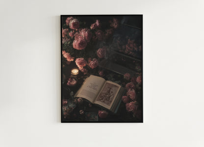 Vintage Floral Witchy Open Grimoire Art Print, Dark Academia Wall Art Book & Roses, Satanic Witchy Pastel Goth, Whimsigoth Decor