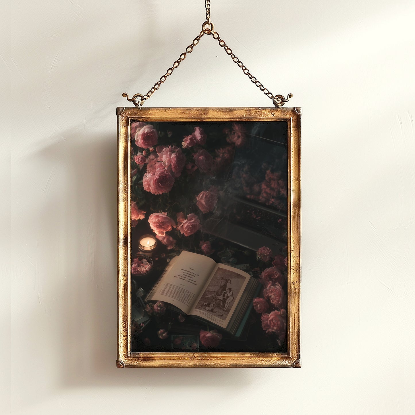 Vintage Floral Witchy Open Grimoire Art Print, Dark Academia Wall Art Book & Roses, Satanic Witchy Pastel Goth, Whimsigoth Decor