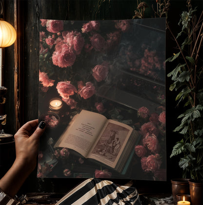 Vintage Floral Witchy Open Grimoire Art Print, Dark Academia Wall Art Book & Roses, Satanic Witchy Pastel Goth, Whimsigoth Decor