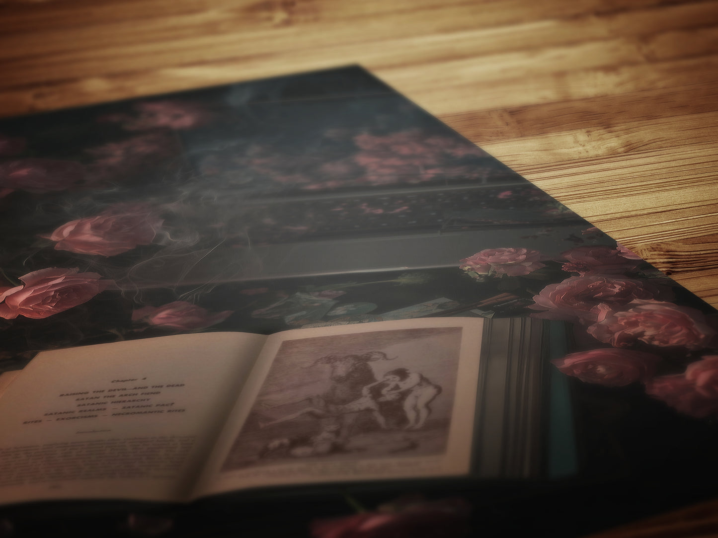 Vintage Floral Witchy Open Grimoire Art Print, Dark Academia Wall Art Book & Roses, Satanic Witchy Pastel Goth, Whimsigoth Decor