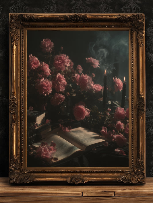 Moody Floral Book Art Print,  Roses And Books Poster, Dark Academia Cottagecore Wall Art, Vintage Gothic Romance, Whimsigoth Decor