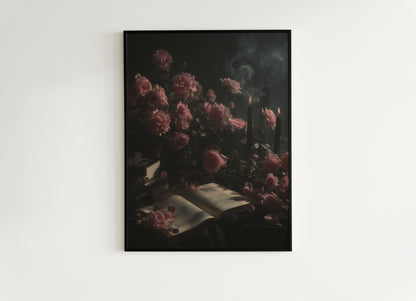 Moody Floral Book Art Print,  Roses And Books Poster, Dark Academia Cottagecore Wall Art, Vintage Gothic Romance, Whimsigoth Decor