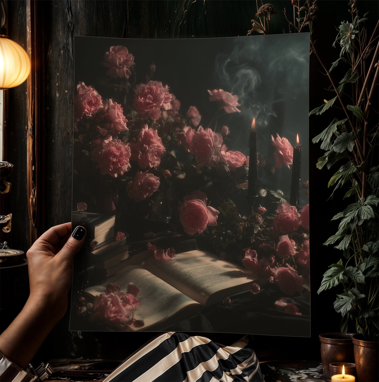 Moody Floral Book Art Print,  Roses And Books Poster, Dark Academia Cottagecore Wall Art, Vintage Gothic Romance, Whimsigoth Decor