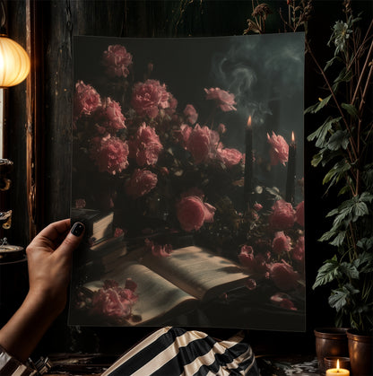 Moody Floral Book Art Print,  Roses And Books Poster, Dark Academia Cottagecore Wall Art, Vintage Gothic Romance, Whimsigoth Decor