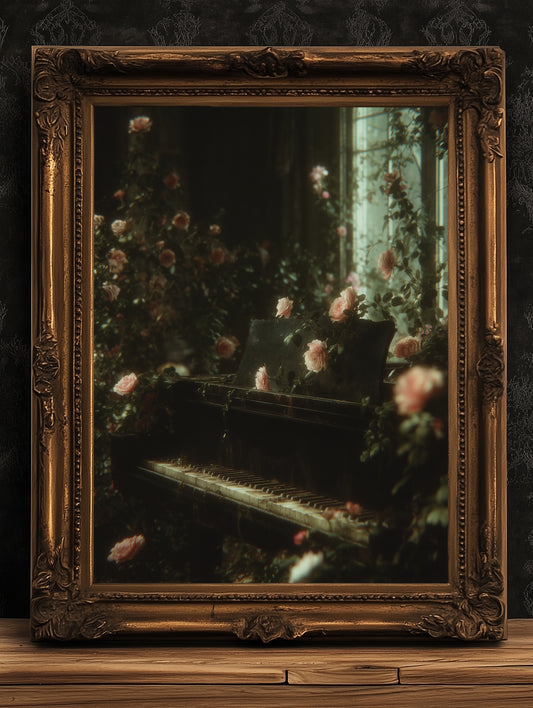 Abandoned Castle Piano Wall Art Poster, Dark Academia Cottagecore Gothic Print, Floral Whimsigoth Decor, Romantic Atmosphere Aesthetic