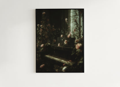 Abandoned Castle Piano Wall Art Poster, Dark Academia Cottagecore Gothic Print, Floral Whimsigoth Decor, Romantic Atmosphere Aesthetic