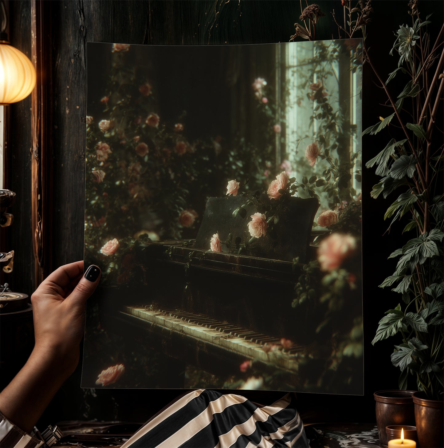 Abandoned Castle Piano Wall Art Poster, Dark Academia Cottagecore Gothic Print, Floral Whimsigoth Decor, Romantic Atmosphere Aesthetic