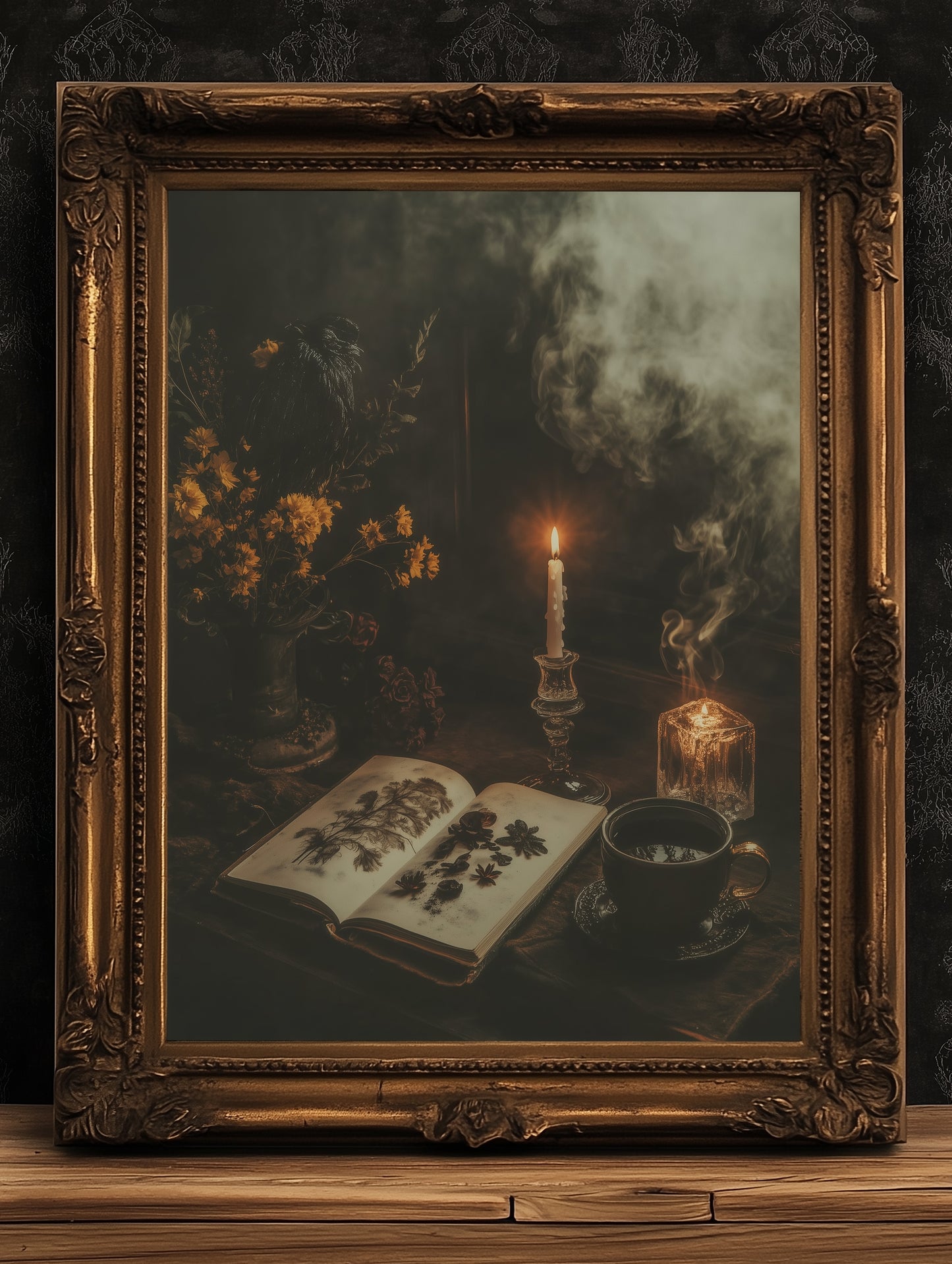 Vintage Botanical Gothic Wall Art Poster, Whimsigoth Decor, Dark Cottagecore Aesthetic Print with Candles, Tea, Smoke and Witchy Study Vibes