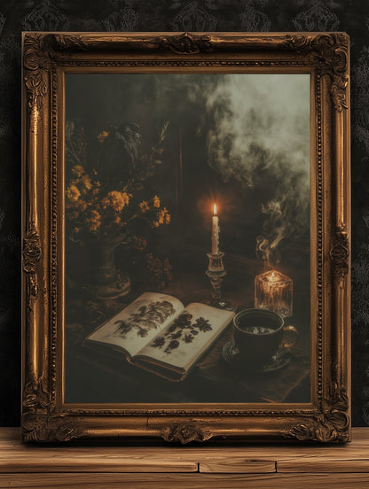 Vintage Botanical Gothic Wall Art Poster, Whimsigoth Decor, Dark Cottagecore Aesthetic Print with Candles, Tea, Smoke and Witchy Study Vibes