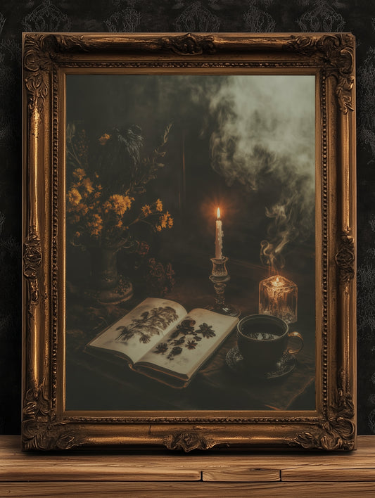 Vintage Botanical Gothic Wall Art Poster, Whimsigoth Decor, Dark Cottagecore Aesthetic Print with Candles, Tea, Smoke and Witchy Study Vibes