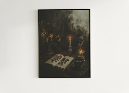 Vintage Botanical Gothic Wall Art Poster, Whimsigoth Decor, Dark Cottagecore Aesthetic Print with Candles, Tea, Smoke and Witchy Study Vibes