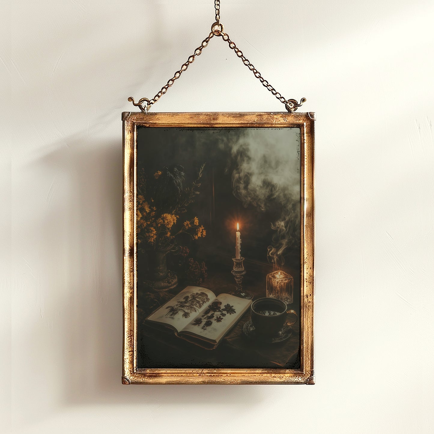 Vintage Botanical Gothic Wall Art Poster, Whimsigoth Decor, Dark Cottagecore Aesthetic Print with Candles, Tea, Smoke and Witchy Study Vibes