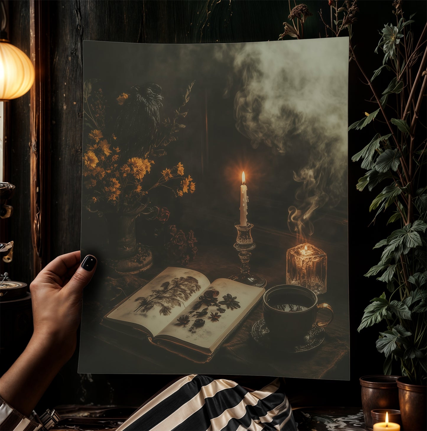 Vintage Botanical Gothic Wall Art Poster, Whimsigoth Decor, Dark Cottagecore Aesthetic Print with Candles, Tea, Smoke and Witchy Study Vibes