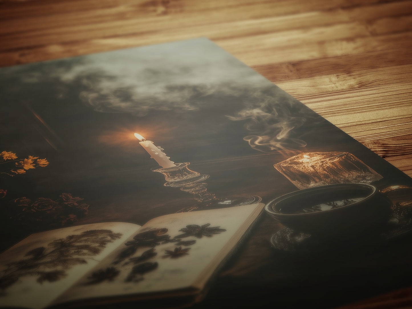 Vintage Botanical Gothic Wall Art Poster, Whimsigoth Decor, Dark Cottagecore Aesthetic Print with Candles, Tea, Smoke and Witchy Study Vibes