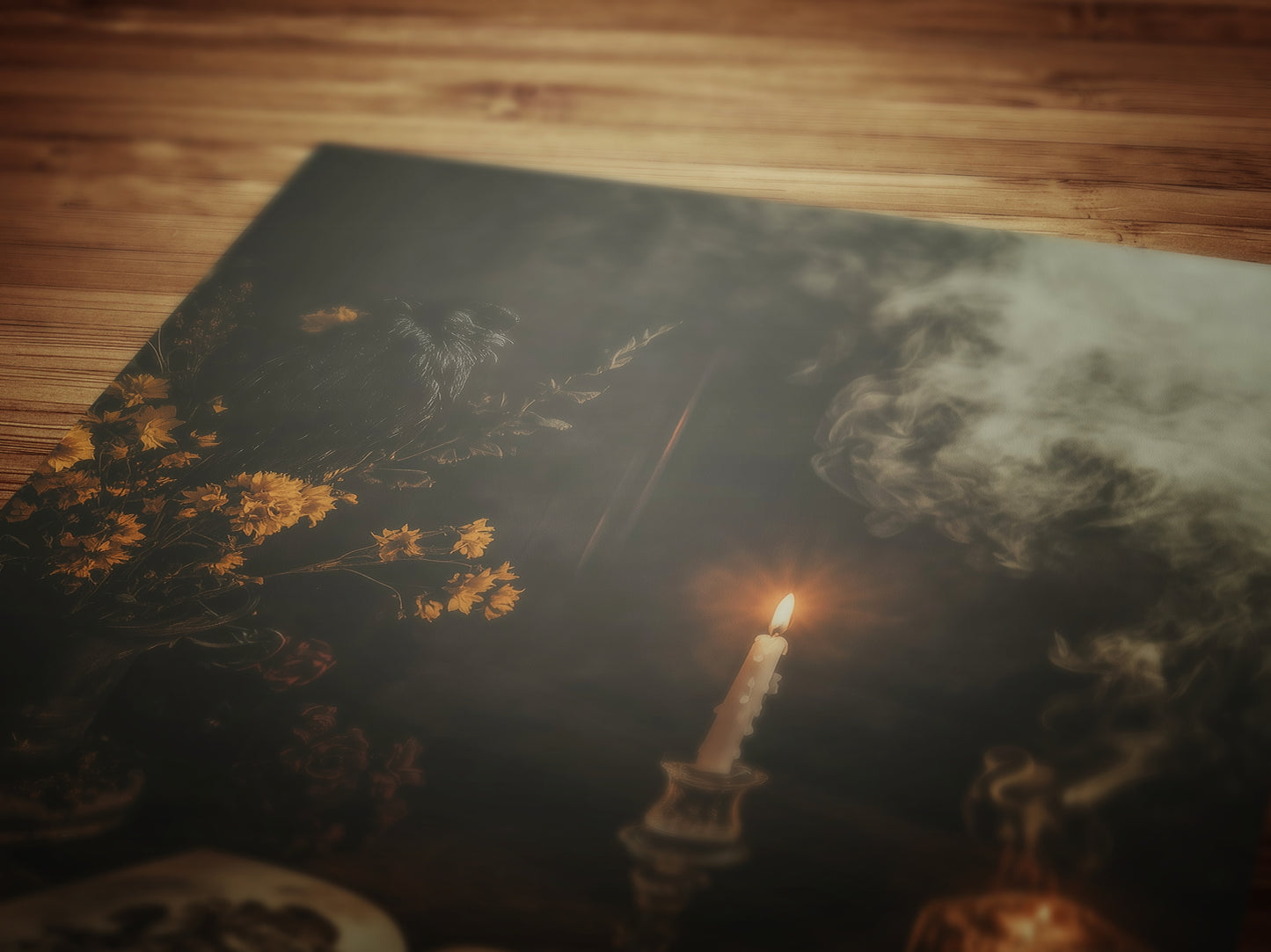 Vintage Botanical Gothic Wall Art Poster, Whimsigoth Decor, Dark Cottagecore Aesthetic Print with Candles, Tea, Smoke and Witchy Study Vibes