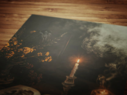 Vintage Botanical Gothic Wall Art Poster, Whimsigoth Decor, Dark Cottagecore Aesthetic Print with Candles, Tea, Smoke and Witchy Study Vibes